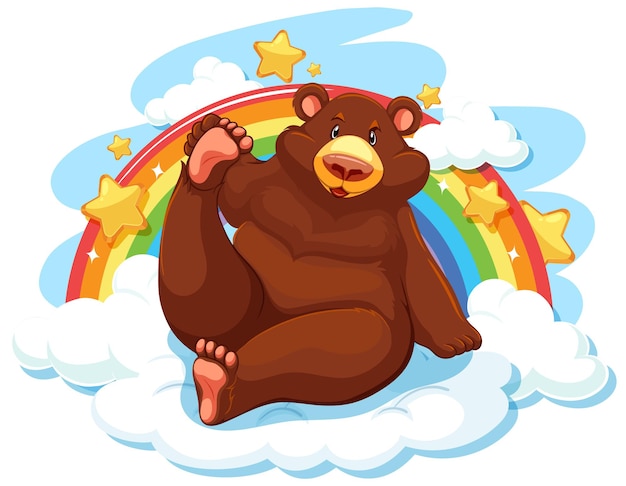 Free Vector grizzly bear on the cloud with rainbow