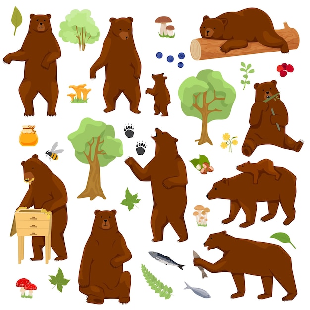 Free Vector grizzly bears flat set with isolated images of forest and cartoon style bears behaving like humans vector illustration