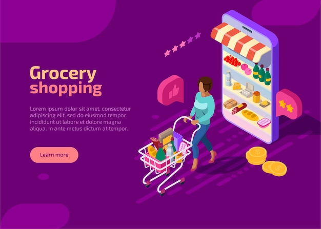 Free Vector grocery shopping isometric landing page, purple web banner. concept.