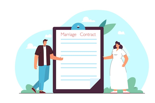 Free Vector groom and bride standing next to folder with marriage contract. tiny wife and husband signing prenuptial agreement flat illustration