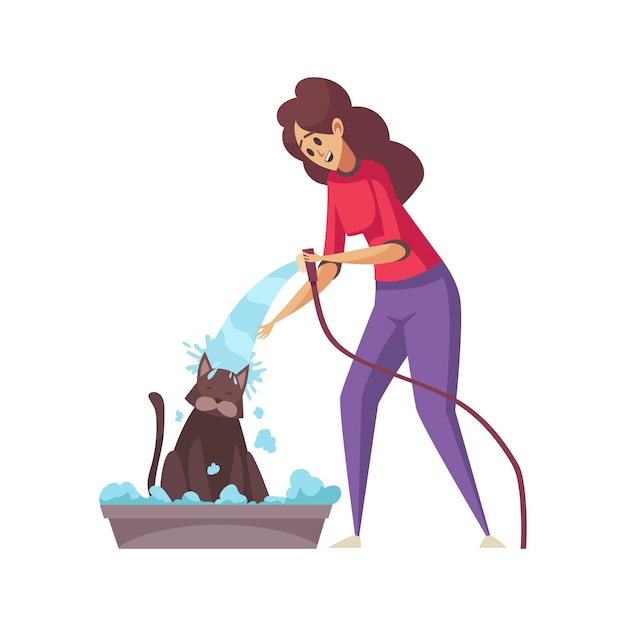 Free Vector grooming flat composition with woman pouring water on her cat vector illustration