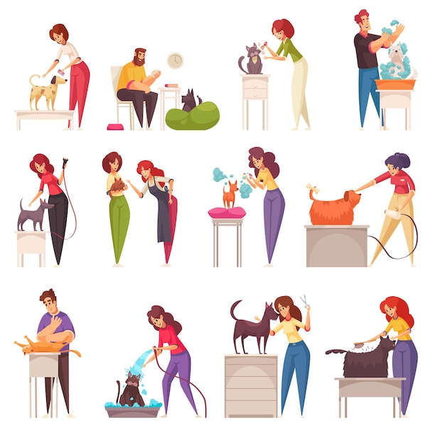 Free Vector grooming icons set with cats and dogs flat isolated vector illustration