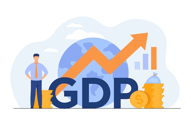 Gross domestic product concept. Growth arrow chart with globe, stacks of money, happy tiny professional.