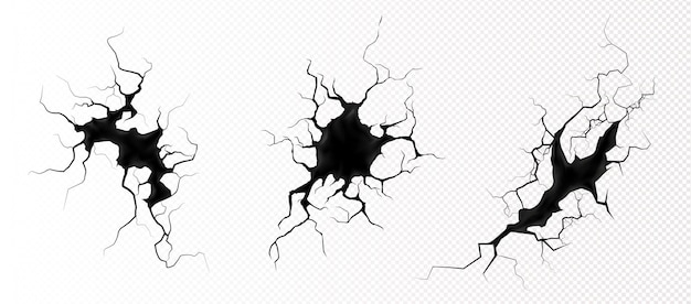 Ground cracks top view, earthquake cracking holes, ruined land surface crushed texture. Destruction, split, damage fissure effect after disaster isolated on transparent background. Realistic 3d vector