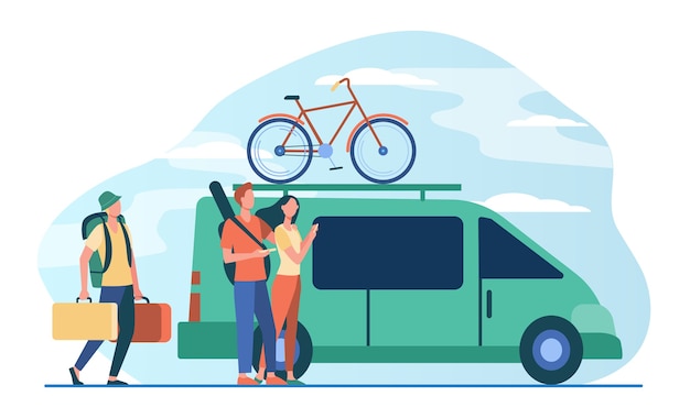 Group of active tourists gathering at vehicle. Minivan with bike on top moving flat illustration