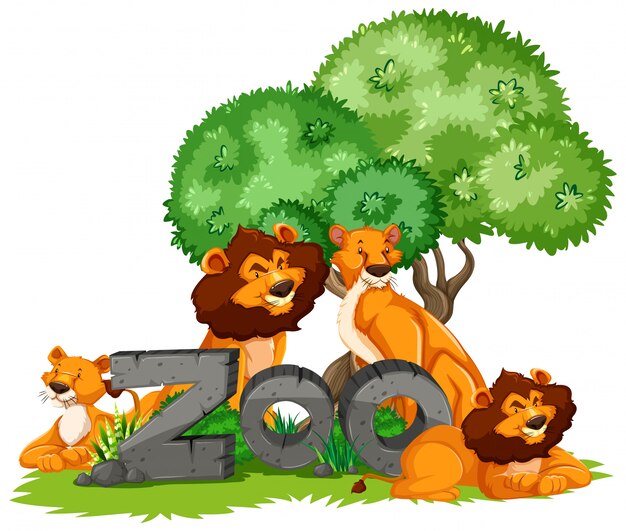 Group of animals under the tree with zoo sign