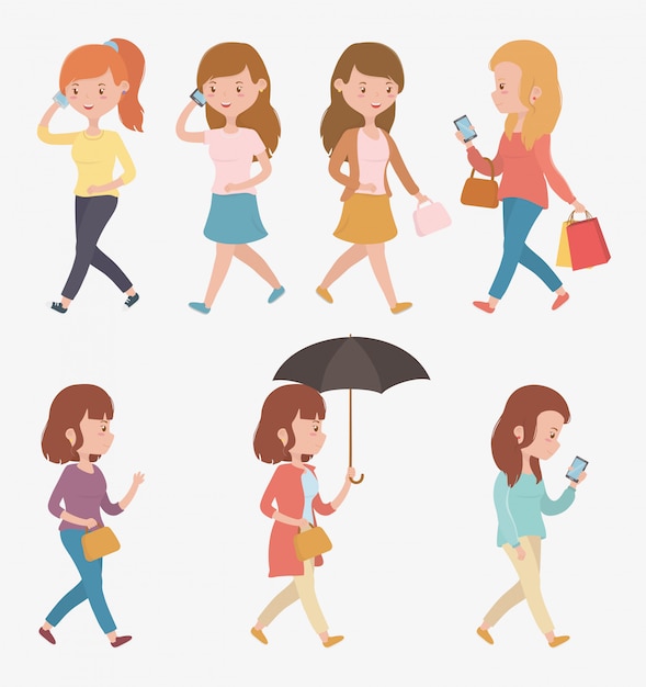 Group of beautiful women walking using smartphones