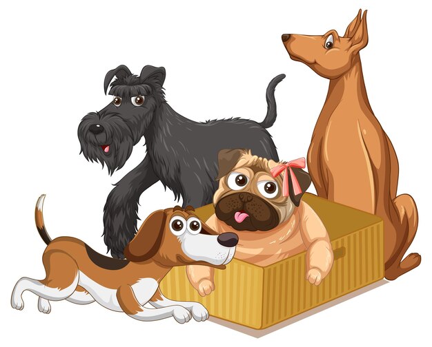 A group of cartoon domestic dogs