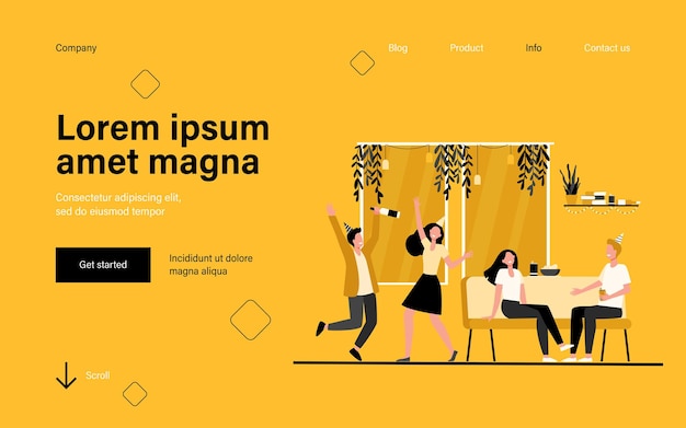 Group of cheerful students or happy friends dancing and having fun at home party in apartment landing page in flat style