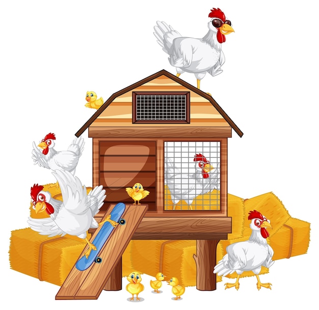 Group of chickens with chicken coop