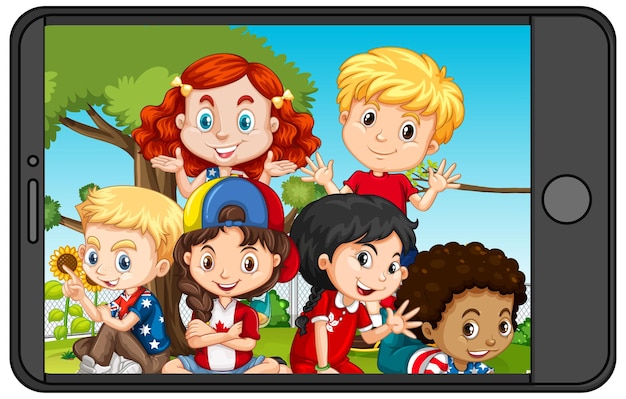 Free Vector group of children on smartphone screen