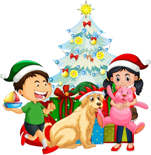 Group of children with their dog wearing Christmas costume on white background