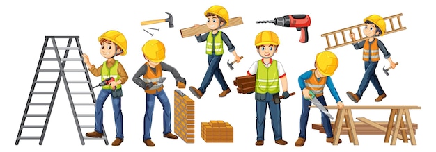 Group of construction workers cartoon characters