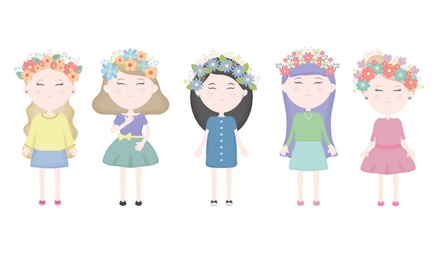 Free Vector group of cute girls with floral crown in the hair characters