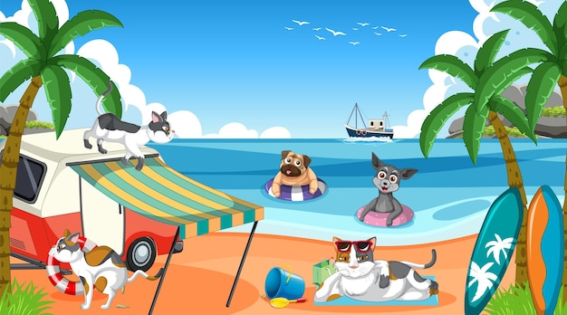 Free Vector a group of different pet do various activities on the beach