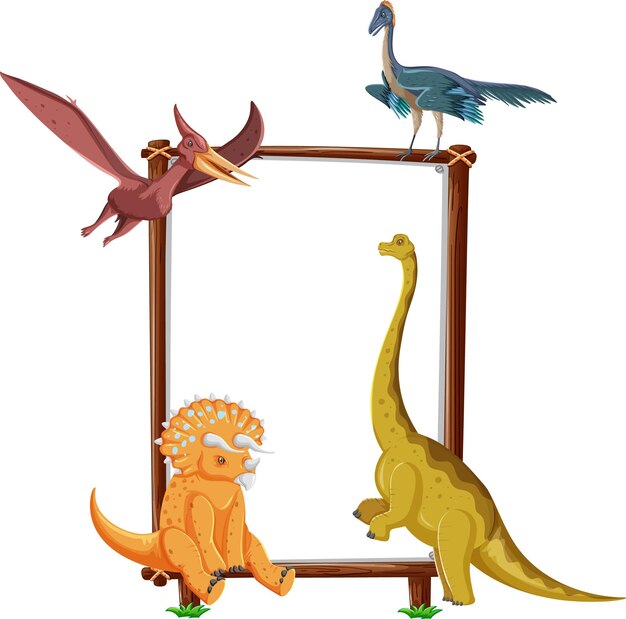 Group of dinosaurs around board on white background