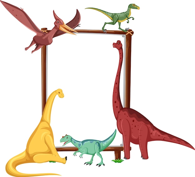 Group of dinosaurs around board on white background