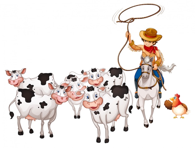 Free Vector group of domestic animals with cowboy isolated