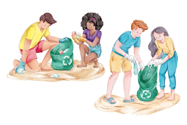 Group of ecology people cleaning beach