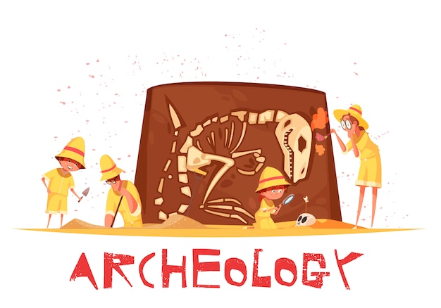 Free vector group of explorers with work tools during archaeological digs of dinosaur skeleton illustration