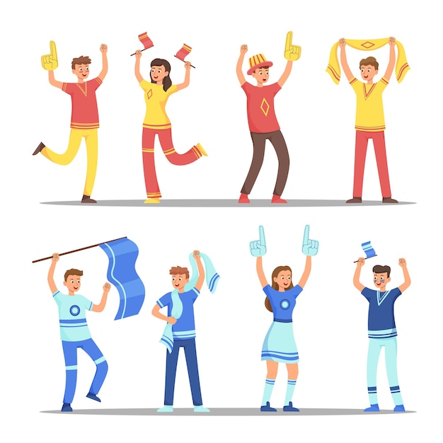 Free Vector group of football or soccer fans flat vector illustrations set. team of happy cartoon men and women with flags and scarves, girls and guys as spectators, crowd of people. sports, support concept