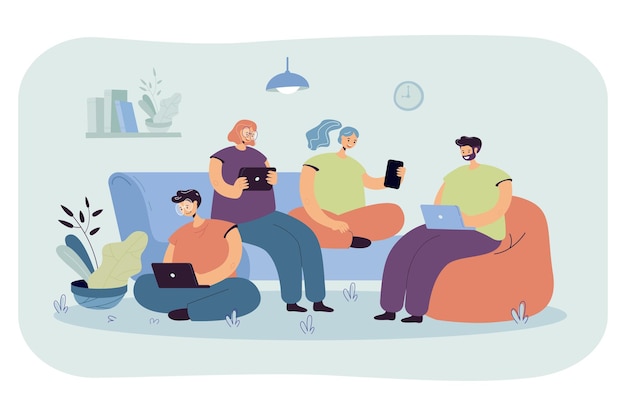 Group of friends with digital devices meeting at home, sitting together. Cartoon illustration