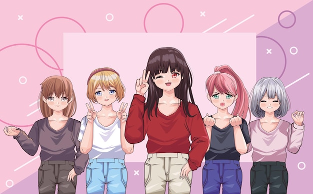 Free Vector group of girls anime style