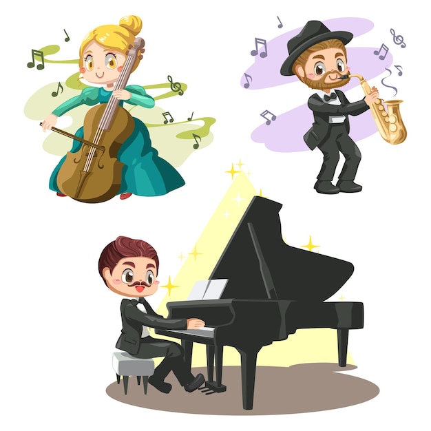 Free vector group of handsome musicians play piano, saxophone, and beautiful girl plays cello