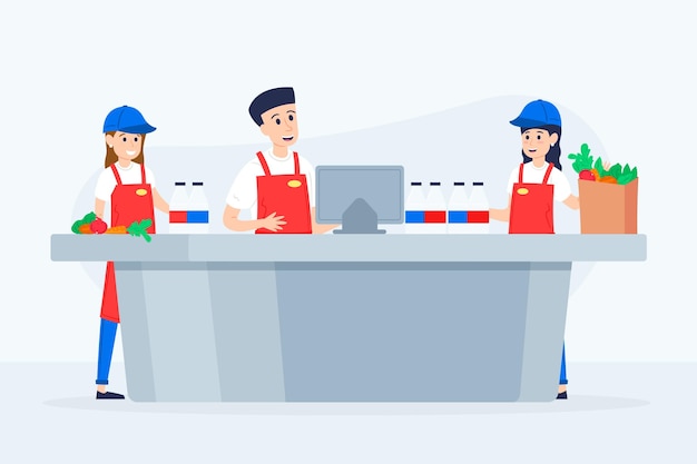 Group of illustrated supermarket workers