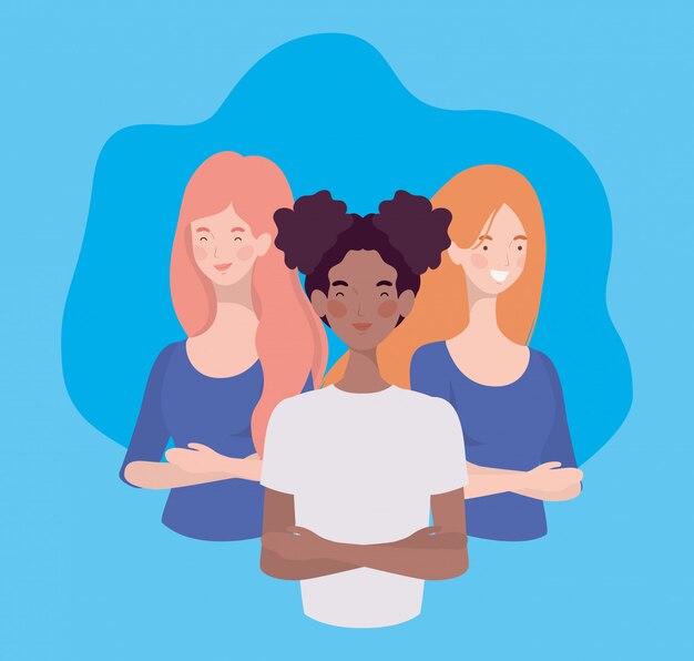 Group of interracial young women standing characters