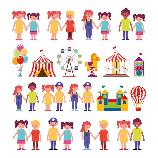 Group of kids and amusement park bundle characters