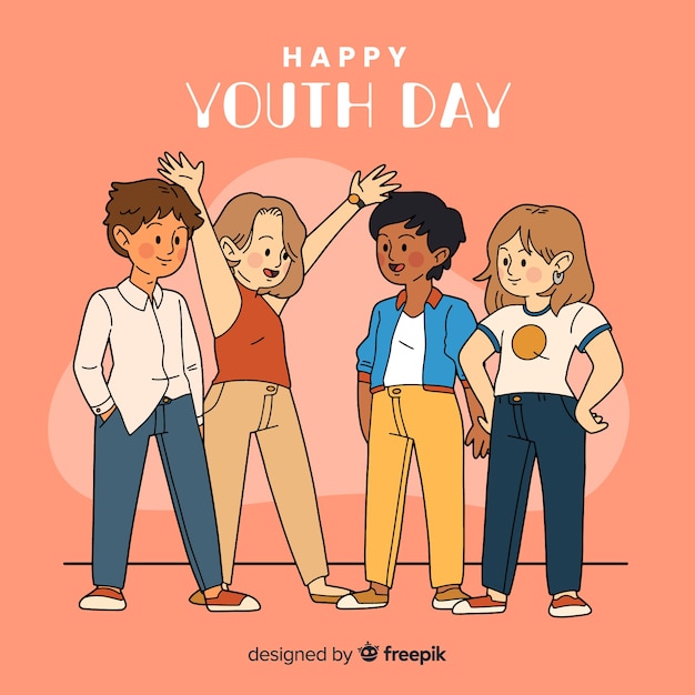 Group of kids on hand drawn style celebrating youth day on orange background