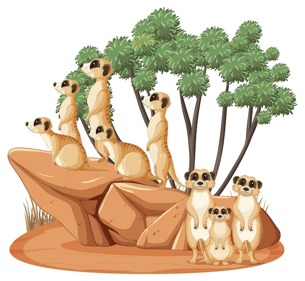 Group of meerkats in cartoon style