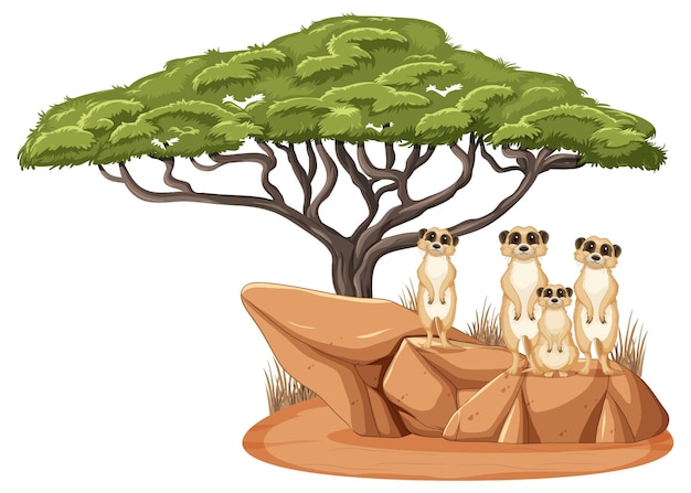 Group of meerkats standing with a big tree