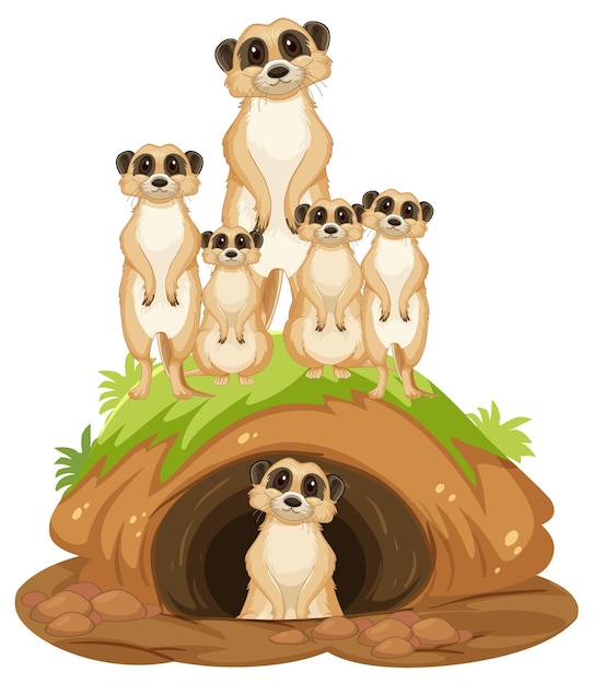 Free Vector group of meerkats with burrow in cartoon style