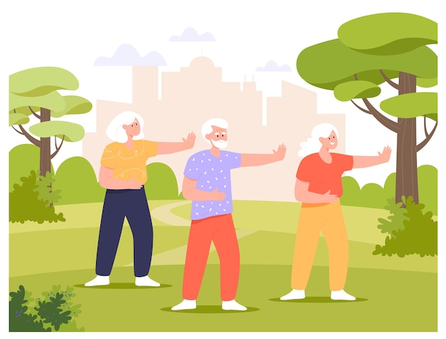 Free Vector group of old people doing tai chi or qigong exercises outdoors