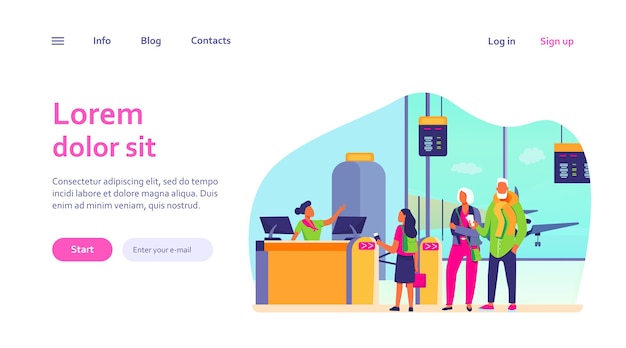 Group of passengers standing in queue to counter vector illustration. Departures board and airline transportation concept.