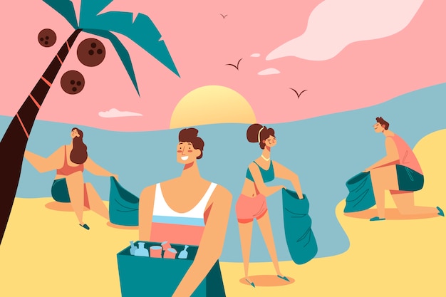 Free Vector group of people cleaning beach concept