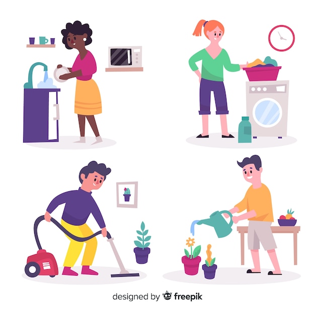 Free Vector group of people doing housework