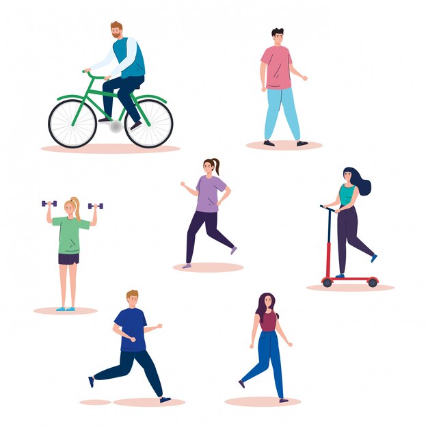 group people practicing activities avatar characters illustration design