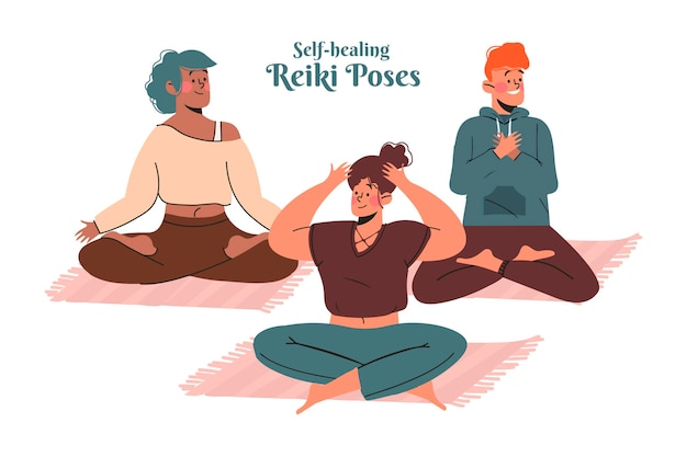 Free Vector group of people self-healing reiki poses