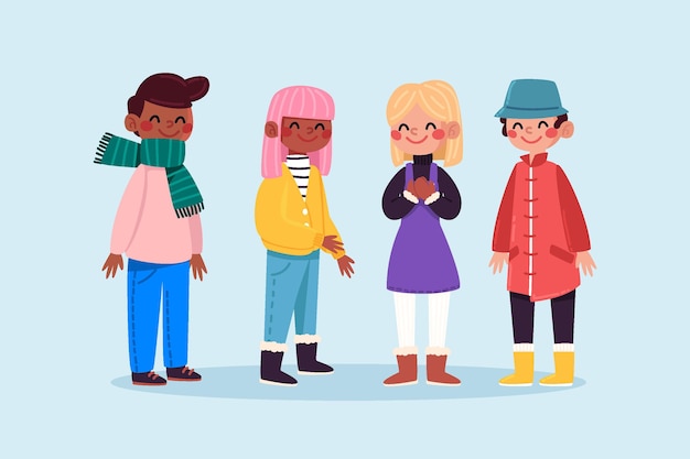 Free Vector group of people wearing cozy winter clothes