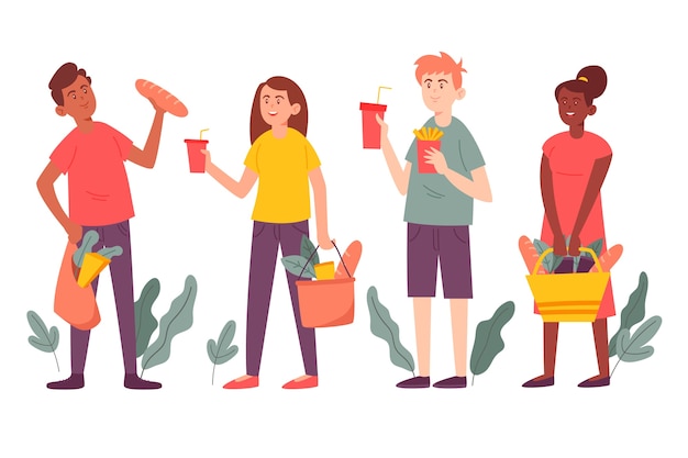 Group of people with food illustration