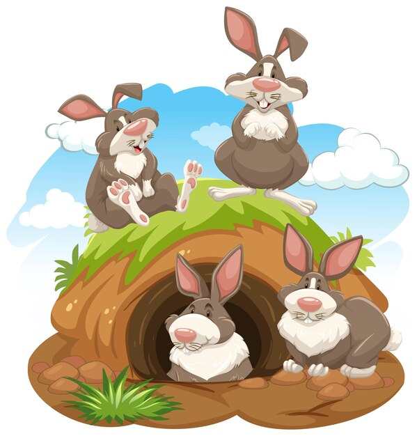 Group of rabbits with animal burrow