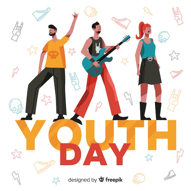 Free vector group of rocker teenagers celebrating youth day on flat design