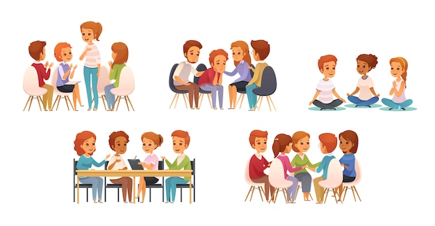 Group therapy cartoon icon set with group of three or four children 