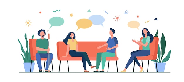 Free Vector group therapy concept. people meeting and talking, discussing problems, giving and getting support. vector illustration for counselling, addiction, psychologist job, support session concept.