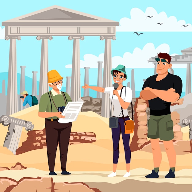 Free Vector group of tourists sightseeing greece woman guide gives lecture excursion elderly and young man photos ancient ruin column