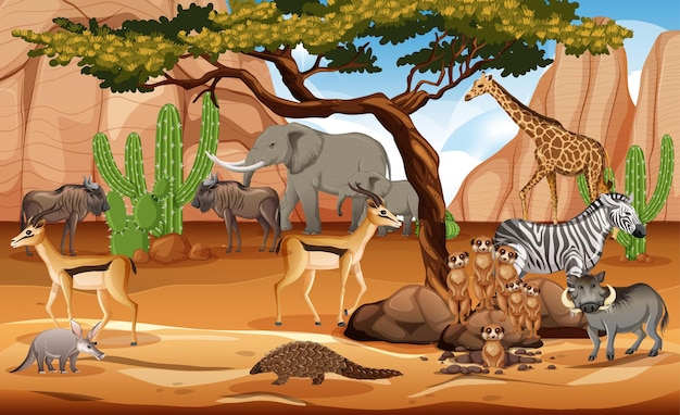 Free Vector group of wild african animal in the forest scene