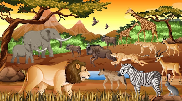 Free Vector group of wild african animal in the forest scene